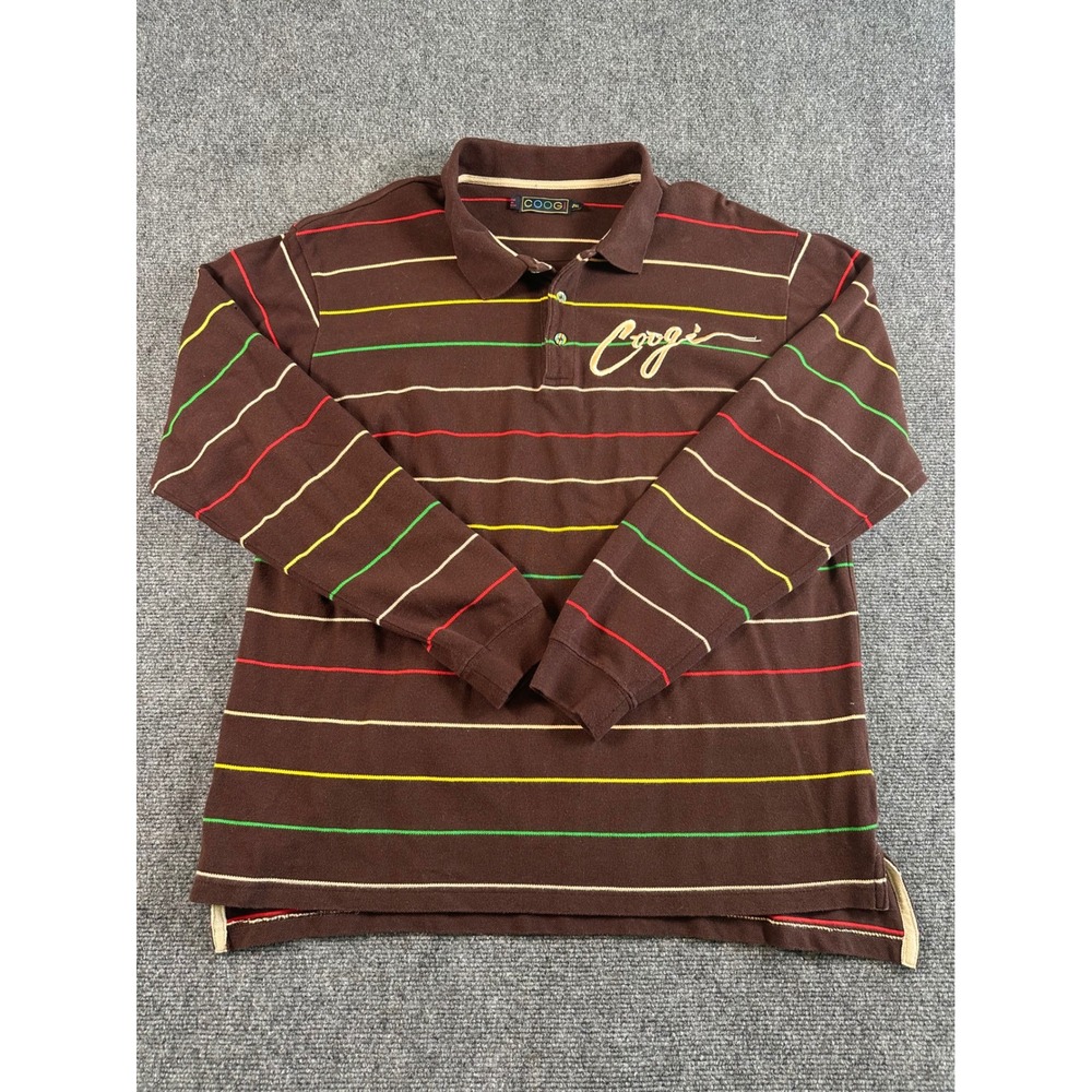 COOGI Mens Long Sleeve Polo Shirt Brown Striped Embroidered‎ Logo Size 2XL